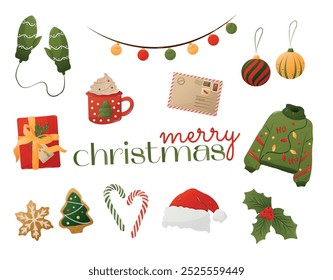 Christmas holiday items set. Set of cute Christmas and New Year. Isolated illustration for card, postcard, cover. EPS 10 