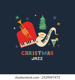 Weihnachten Urlaub Jazz Fantasie Vektorsymbol. Saxophon, Trompete, Klavier Cartoon Design Element. Einladungsvorlage für Weihnachtsfeiertage im Jazzklub. Weihnachtsfeier, Live-Musik, Hintergrundgrafik