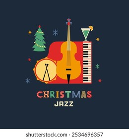 Navidades Jazz de vacaciones Vector de lujo icono. Violonchelo, tambor, elemento de diseño de dibujos animados de piano. Plantilla de invitación de fiestas de Navidad del club de música Jazz. Ilustración de fondo de evento de música en vivo de fiesta de Navidad