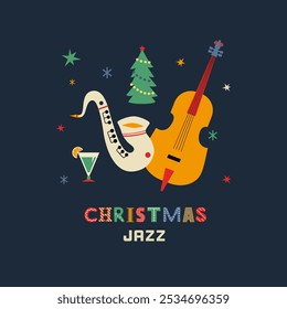 Navidades Jazz de vacaciones Vector de lujo icono. Saxofón, violonchelo, elemento de diseño de dibujos animados. Plantilla de invitación de fiestas de Navidad del club de música Jazz. Ilustración de fondo de evento de música en vivo de fiesta de Navidad