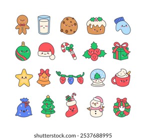 Christmas holiday kawaii icons bundle with festive characters and cute decorations for winter illustrations