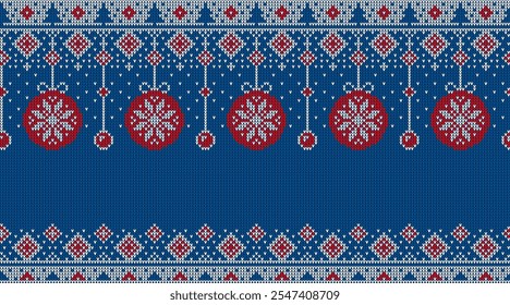 Christmas holiday knit sweater pattern with snowflakes and baubles, vector background. Christmas knitwear pattern or knit sweater ornament with Xmas tree decorations for winter holiday background