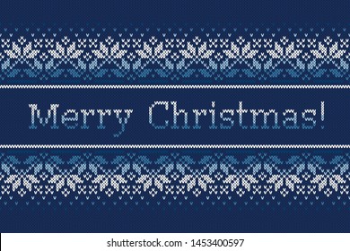 Christmas Holiday Knitted Pattern with Snowflakes and Greeting Text Merry Christmas. Vector Seamless Background with Shades of Blue Colors. Wool Knit Texture Imitation