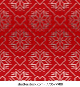 Patrón de punto navideño con copos de nieve y corazones. Diseño de suéter de punto. Fondo de vectores sin problemas