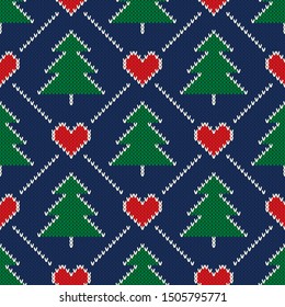 Christmas Holiday Knitted Pattern with a Christmas Trees and Hearts. Scheme for Wool Knit Sweater Pattern Seamless Design or Cross Stitch Embroidery