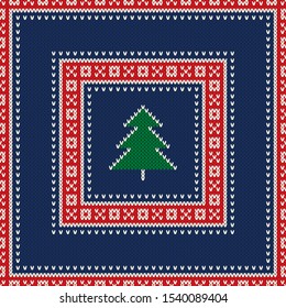 Christmas Holiday Knitted Sweater Pattern Design with Christmas Tree. Vector Seamless Wool Knit Texture Imitation