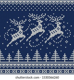 Christmas Holiday Knitting Pattern with Reindeers Flying over the Winter Forest. Scheme for Wool Knit Sweater Pattern Seamless Design or Cross Stitch Embroidery