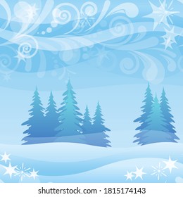 Christmas Holiday Landscape, Background for Holiday Design, Blue Winter Forest with Fir Trees, Snow, Sky, Abstract Pattern and Stars. Vector