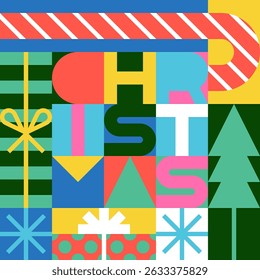 Christmas holiday lettering. Vector modern geometric illustration of Christmas tree, gift box, candy cane on multicolor background. Color blocks greeting card, party invitation, banner, print design
