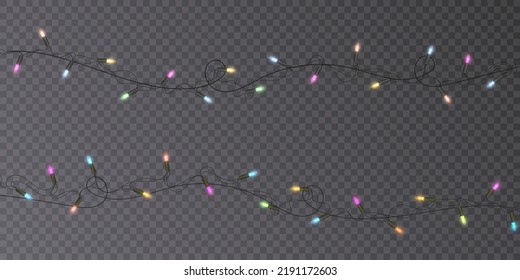 Christmas holiday lights on a transparent background. Lots of glowing lights. Garlands, Christmas decorations. 2023 Vector	