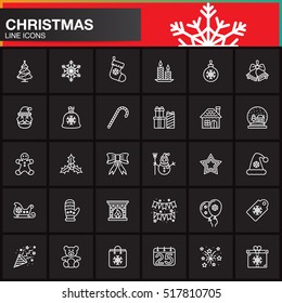 Christmas Holiday line icons set, outline vector symbol collection, linear pictogram pack isolated on black, logo illustration