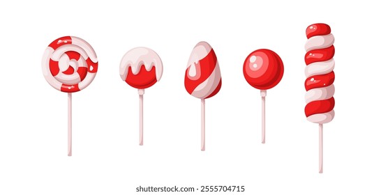 Christmas holiday lollipops flat color vector objects set. New year festive candies for children illustrations bundle on white background