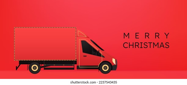 Christmas holiday lorry with lighting. Transportation, delivery service on Christmas holidays. Truck with garland. Red Van illustration. Vector illustration.