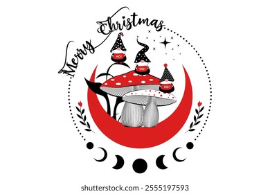 Christmas Holiday, Magic Gnomes in the mystical woods of mushrooms on crescent moon and stars. Santa Elf HO HO HO. Witchy esoteric fungus and moon phases. Magical trolls fairy tale character. Isolated