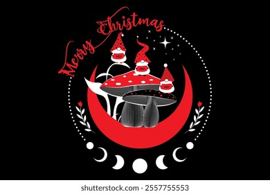 Christmas Holiday, Magic Gnomes in the mystical woods of mushrooms on crescent moon and stars. Santa Elf HO HO HO. Witchy esoteric fungus and moon phases. Magical trolls fairy tale character. Isolated