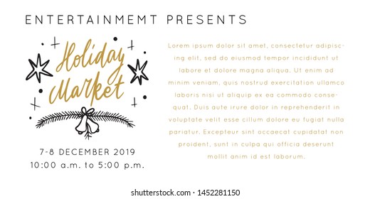 Christmas Holiday Market lettering template. Unique vector script saying poster. Custom typography print for t shirts,bags,posters,merch,banners. Winter Holiday season decorations.