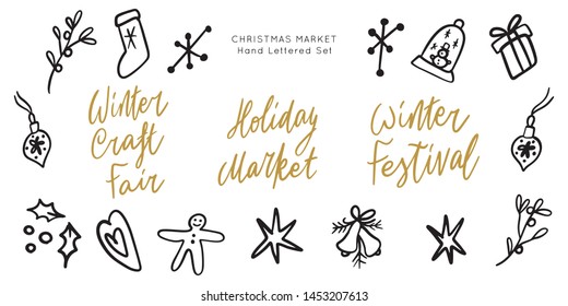 Christmas Holiday Market lettering template. Unique vector script saying poster. Custom typography print for t shirts,bags,posters,merch,banners. Winter Holiday season decorations.