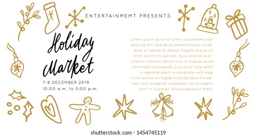Christmas Holiday Market lettering template. Unique vector script saying poster. Custom typography print for t shirts,bags,posters,merch,banners. Winter Holiday season decorations.