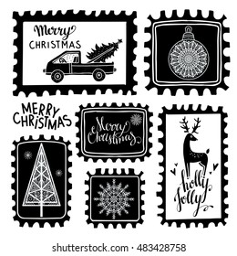 Christmas Holiday marks. Icons, symbols, signs. Isolated on white background set. Merry Christmas, Holly jolly text, handwritten. Hand drawn cartoon tree, snowflakes, deer, ball, car, hearts