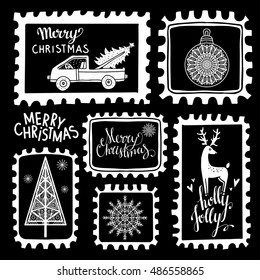 Christmas Holiday marks. Icons, symbols, signs. Isolated on black background set. Merry Christmas, Holly jolly text, handwritten. Hand drawn cartoon tree, snowflakes, deer, ball, car, hearts