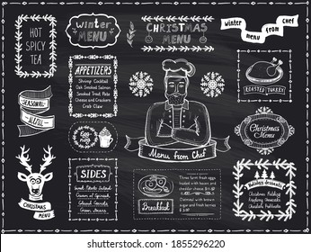 Christmas holiday menu on a chalkboard, vector hand drawn illustration with holiday menu and chef cook