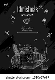 Christmas holiday menu. Vector hand drawn illustration with hot chocolate, fir branches, snowflakes, marshmallows and cookies. Chalkboard xmas poster or banner for café or restaurant