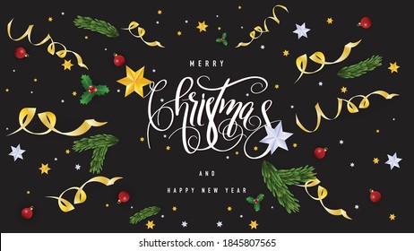 Christmas Holiday , Merry Christmas Calligraphy and Happy New Year Inscription Decorated with Golden Stars and Golden Ribbon, Red balls , pine on black background 