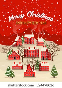 Christmas holiday. Merry Christmas and Happy New Year greeting card. Winter landscape with snow-covered house, tree, fir and mountain in small village vector illustration. Xmas holiday poster
