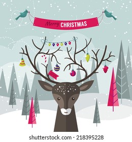 Christmas holiday modern flat design with deer over forest landscape. Vector illustration