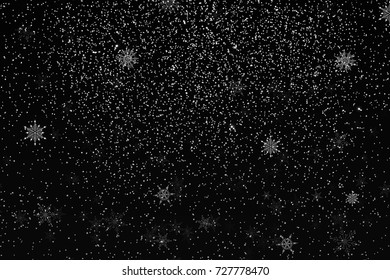  Christmas Holiday Mood with Realistic Falling Christmas snow, snowflakes  on black background. Winter snow night.  Vector illustration.