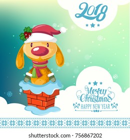 Christmas holiday and New Year 2018. Greeting card with a a yellow dog on the Christmas tree. Advertising, postcards.