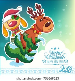 Christmas holiday and New Year 2018. Greeting card with a deer and a yellow dog on the Christmas tree. Advertising. Postcards.