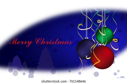 Christmas holiday and new year. Vector drawing with balloons confetti and the text on the background trees