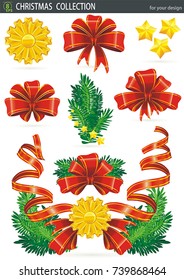 Christmas holiday objects collection. Traditional winter set. Green fir branches, red ribbon and bow, golden stars, isolated on white background. Happy new year. Xmas design for retro greeting card