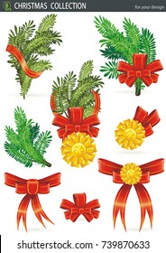 Christmas holiday objects collection. Traditional set. Green fir branches, red ribbon and bow, golden stars, isolated on white background. Happy new year. Xmas shine design for vector greeting card