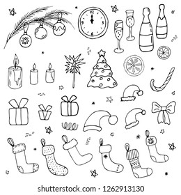 Christmas holiday objects set. Hand drawn lineart vector illustrations black on white background. Xmas collection of sock, gift, cap, fir tree, bow, sparklers, ball, fir tree, clock, glass, candle