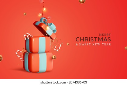 Christmas holiday Open gift box with red candy cane. Realistic 3d gifts boxes. New year banner, web poster, flyer, stylish brochure, greeting card. Xmas surprise background. Vector illustration