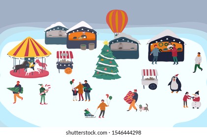 Christmas holiday outdoor fair or street market on town square invitation card. Merchants and customers cartoon characters people walking between decorated stalls or kiosks. Holiday New year shopping