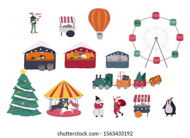 Christmas holiday outdoor fair or street market on town square invitation card. Merchants and customers cartoon characters people walking between decorated stalls or kiosks. Holiday New year shopping