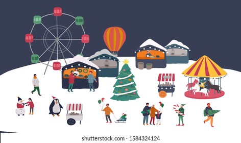 Christmas holiday outdoor fair or street market on town square invitation card. Merchants and customers cartoon characters people walking between decorated stalls or kiosks. Holiday New year shopping