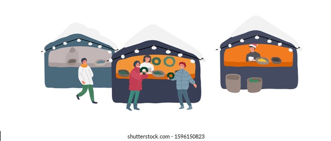 Christmas holiday outdoor fair or street market invitation card. Merchants and customers cartoon characters people walking between decorated stalls or kiosks. Holiday New year shopping