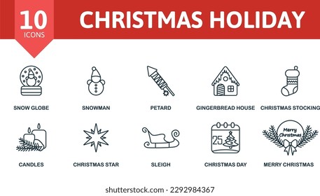 Christmas holiday outline set. Creative icons: snow globe, snowman, petard, gingerbread house, stocking, candles, christmas star, sleigh, christmas day, merry christmas.