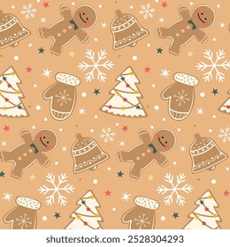 Weihnachtsfeiertage Muster Design. Nahtloses Muster mit Weihnachts- und Lebkuchenkeksen. 