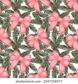 Christmas holiday pattern, fir branch and red bow seamless new year print, festive background, vector illustration