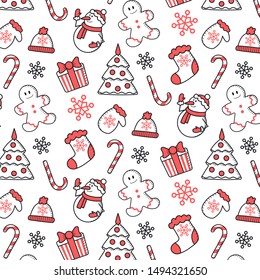 Christmas holiday pattern of gingerbread, candy, snowmen and snowflakes
