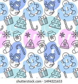 Christmas holiday pattern of gingerbread, candy, snowmen and snowflakes
