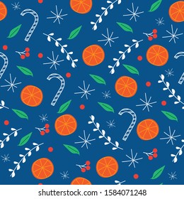 Christmas holiday pattern with oranges fruit on trendy color 2020 year background in vector.Christmas background for textile , wrapping, fabric