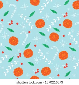 Christmas Holiday Pattern With Oranges Fruit.Christmas Background For Textile , Wrapping, Fabric	