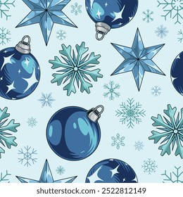 Christmas holiday pattern seamless colorful snowflakes and balls or stars for decorating interior of apartment during winter holidays vector illustration