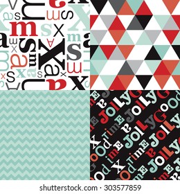 Christmas holiday pattern set with typography text pattern chevron and geometric triangles in mint and coral background collection in vector